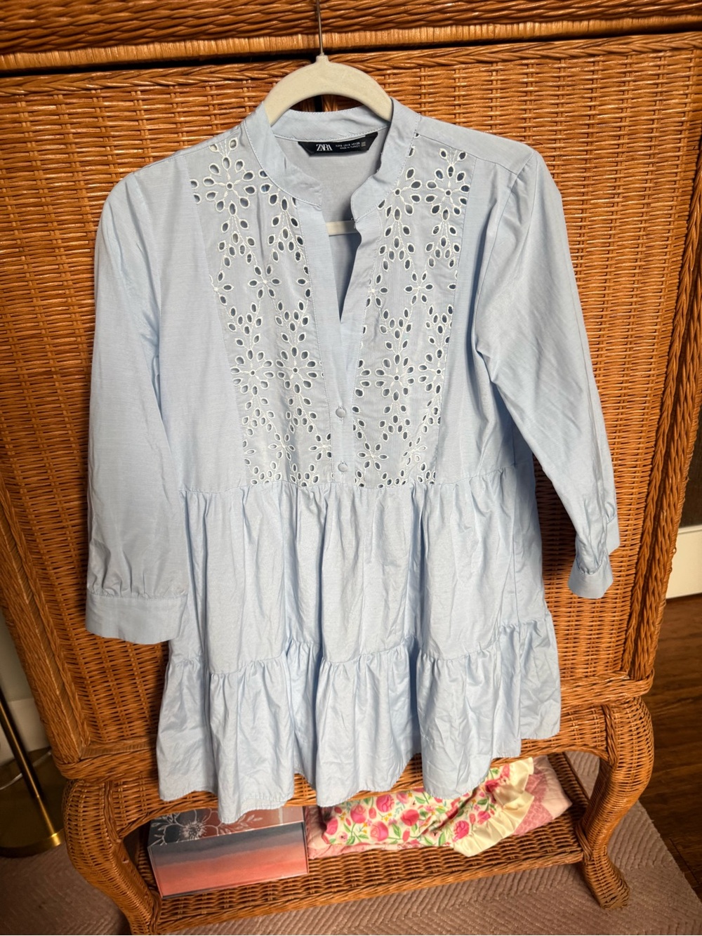 Zara Light Blue Eyelet Tiered Mini Dress - Picture 4 of 6